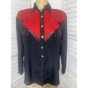 Vintage 90s 1849 Authentic Ranchwear Black Red Top Blouse Rhinestones Small